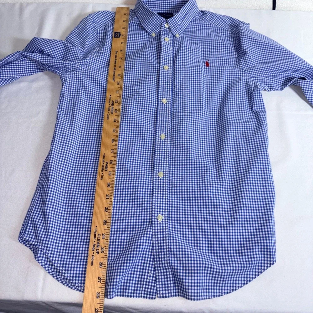 Ralph Lauren Button Down XL age 18-20 Blue White Gingham Cotton red Pony Logo